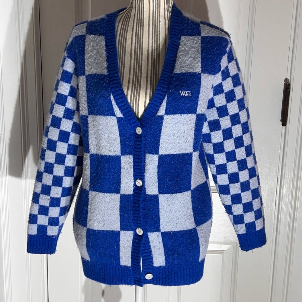 Vans Blue and White Checkered Women's Sweater XS cardigan S236